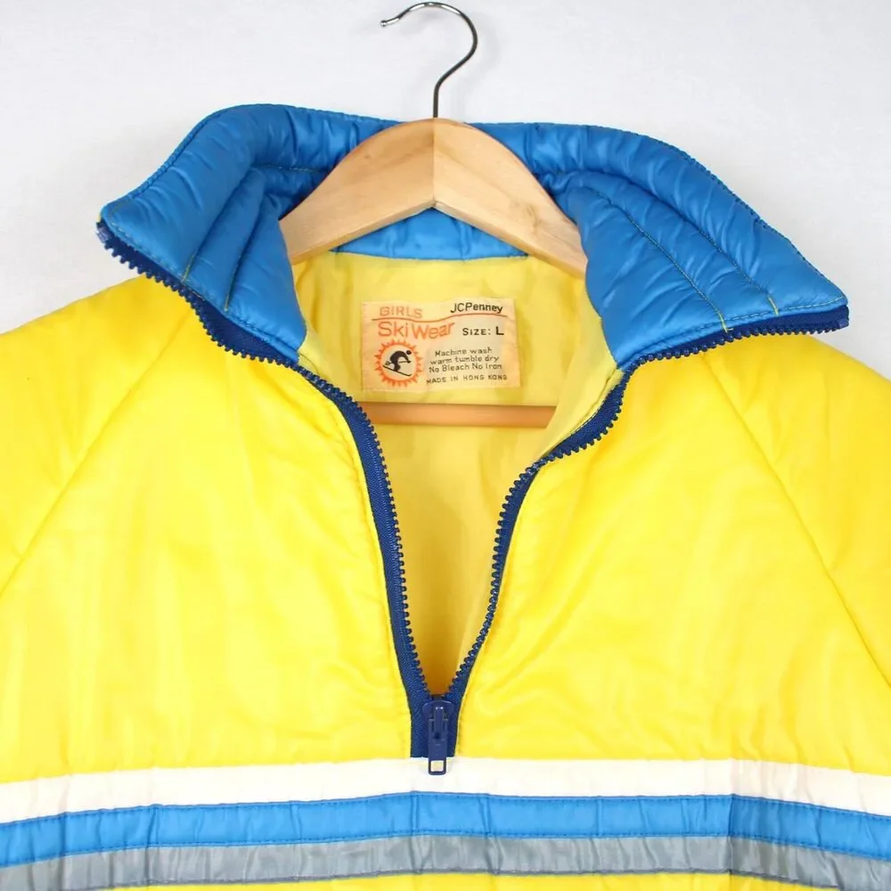 Vintage 80’s Girls Youth‎ Ski Jacket Size L JC Penney Puffer Yellow Striped Coat